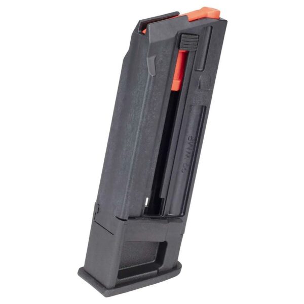 Black firearm magazine with orange accents