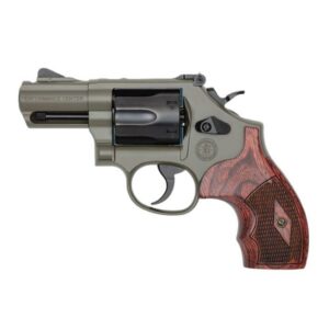 Revolver with wooden grip, side view.