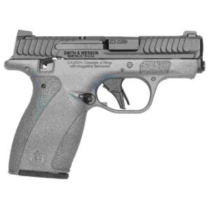 Smith & Wesson handgun, gray frame, black slide.