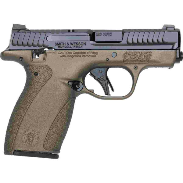 Smith & Wesson handgun side view, brown and black finish.