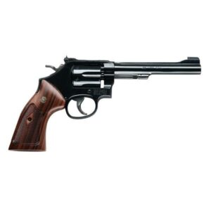 Black revolver with wooden grip handle.