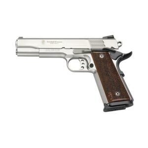 Silver handgun with brown grip