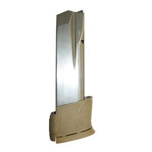 Tactical pistol magazine with tan baseplate.