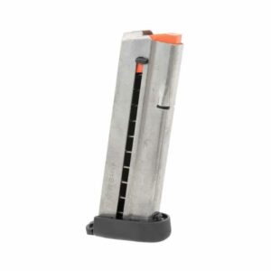 Stainless steel gun magazine with orange follower