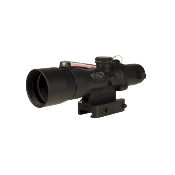 Black tactical rifle scope on white background.
