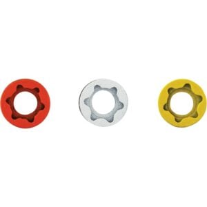 Red, silver, yellow washers on white background