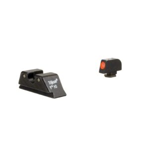 Black firearm sights, front with red dot, side view.