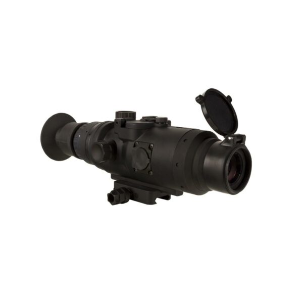 Black night vision scope with open lens cap