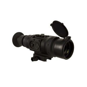 Black digital night vision riflescope with lens cover open.