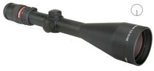 Rifle scope with adjustable zoom and focus settings.