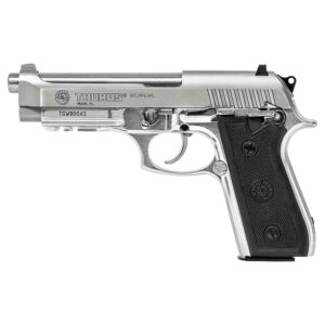 Silver Taurus handgun on white background.