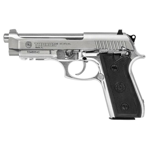 Silver Taurus handgun on white background.