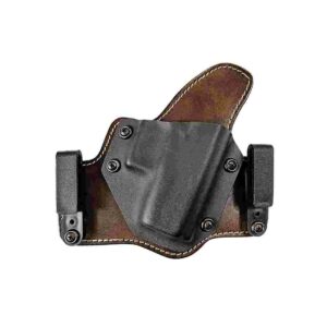 Leather and polymer gun holster with clips.