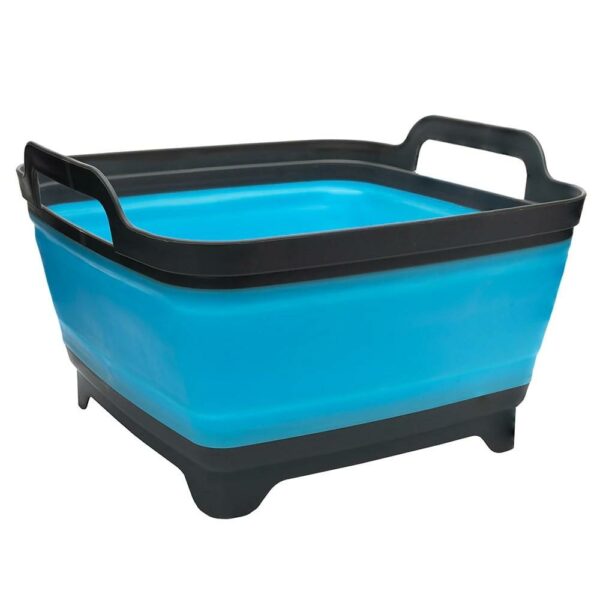 Collapsible blue plastic storage container with handles.