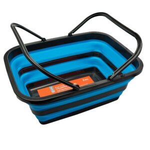 Collapsible blue and black plastic laundry basket