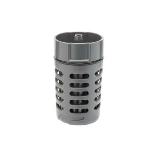 Gray dishwasher filter cup on white background.