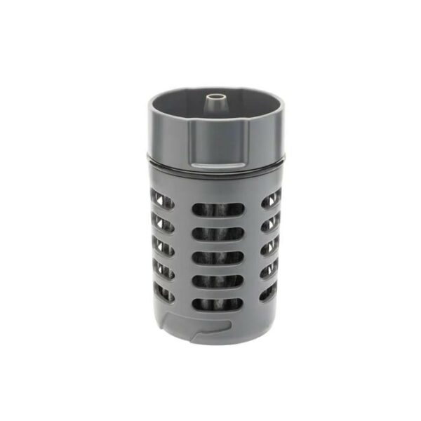 Gray dishwasher filter cup on white background.