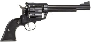 Black revolver with textured grip and long barrel.