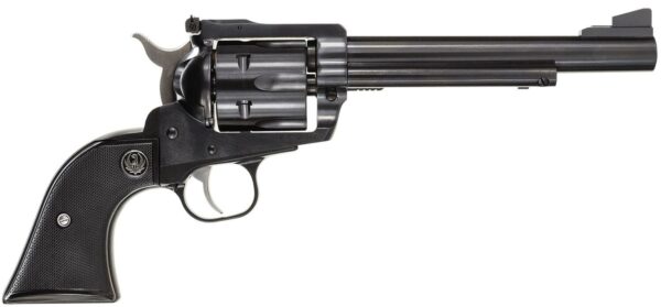 Black revolver with textured grip and long barrel.