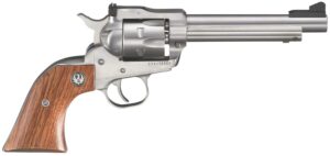 Silver revolver with wooden grip on white background.