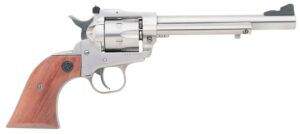 Silver revolver with wooden grip, side view.