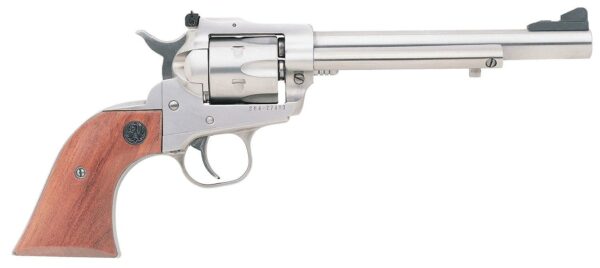 Silver revolver with wooden grip, side view.