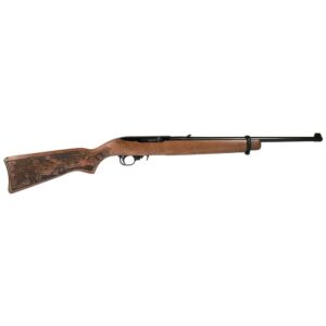 Wooden hunting rifle with carved stock details.