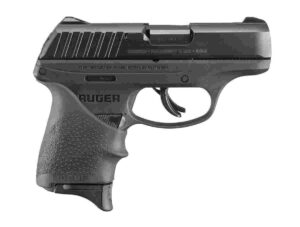 Black handgun, left side view, isolated on white.
