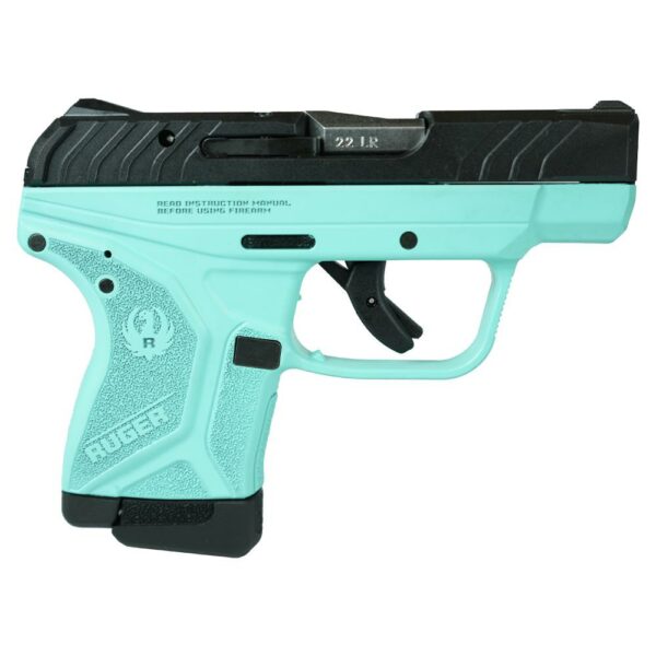 Teal handgun with black slide, side view.