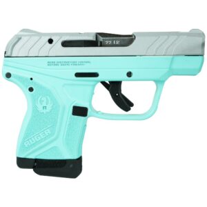 Compact turquoise handgun with silver slide.