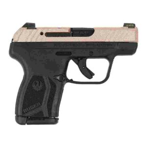 Ruger handgun, black grip, beige slide, side view.