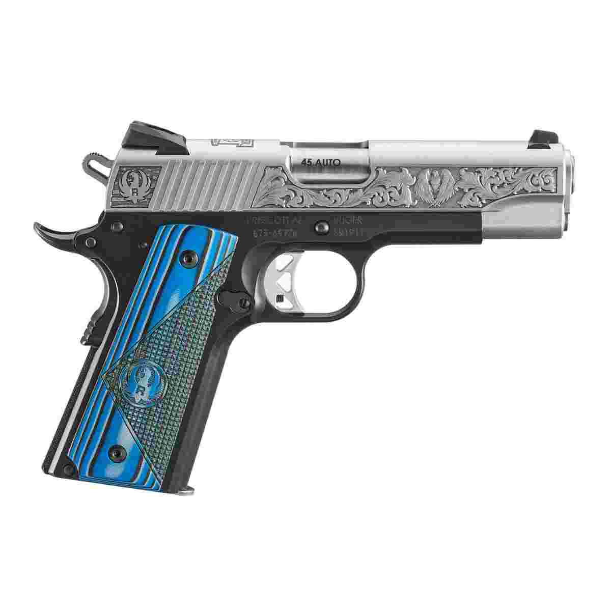 Engraved .45 caliber pistol with blue grip