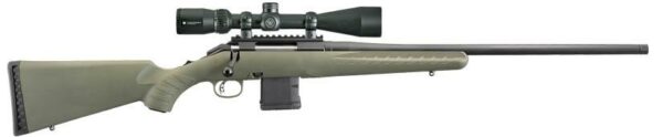 Bolt-action rifle with scope, green stock.