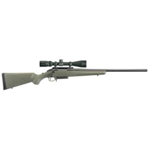 Long-barrel rifle with scope attachment.