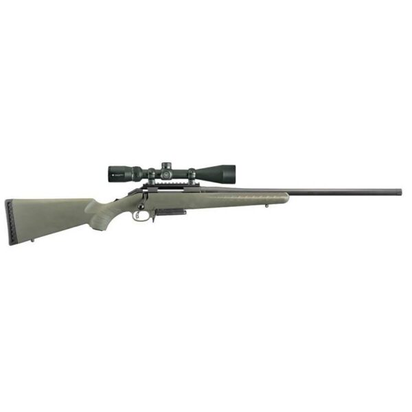 Long-barrel rifle with scope attachment.