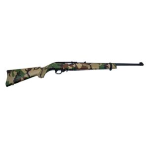 Camouflage-designed hunting rifle on white background.