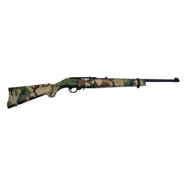 Camouflage-designed hunting rifle on white background.