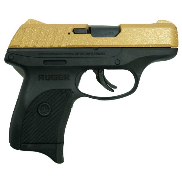 Gold and black Ruger handgun side view.