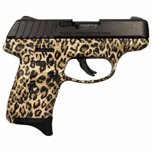 Leopard-patterned handgun on white background.