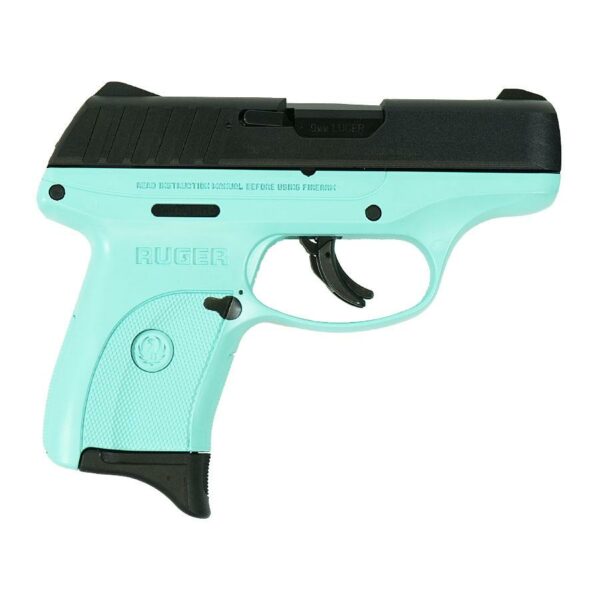 Turquoise and black Ruger handgun side view.