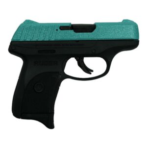 Teal and black handgun side view.