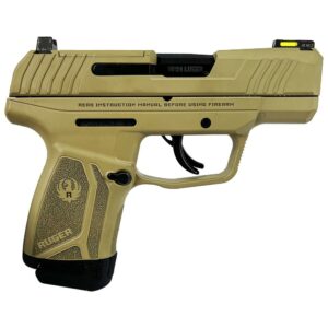 Tan handgun, Ruger model with safety warning