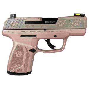 Rose gold pistol with engraved slide design.