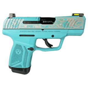 Teal 9mm handgun with engravings.