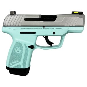 Light blue and silver handgun, close-up view.