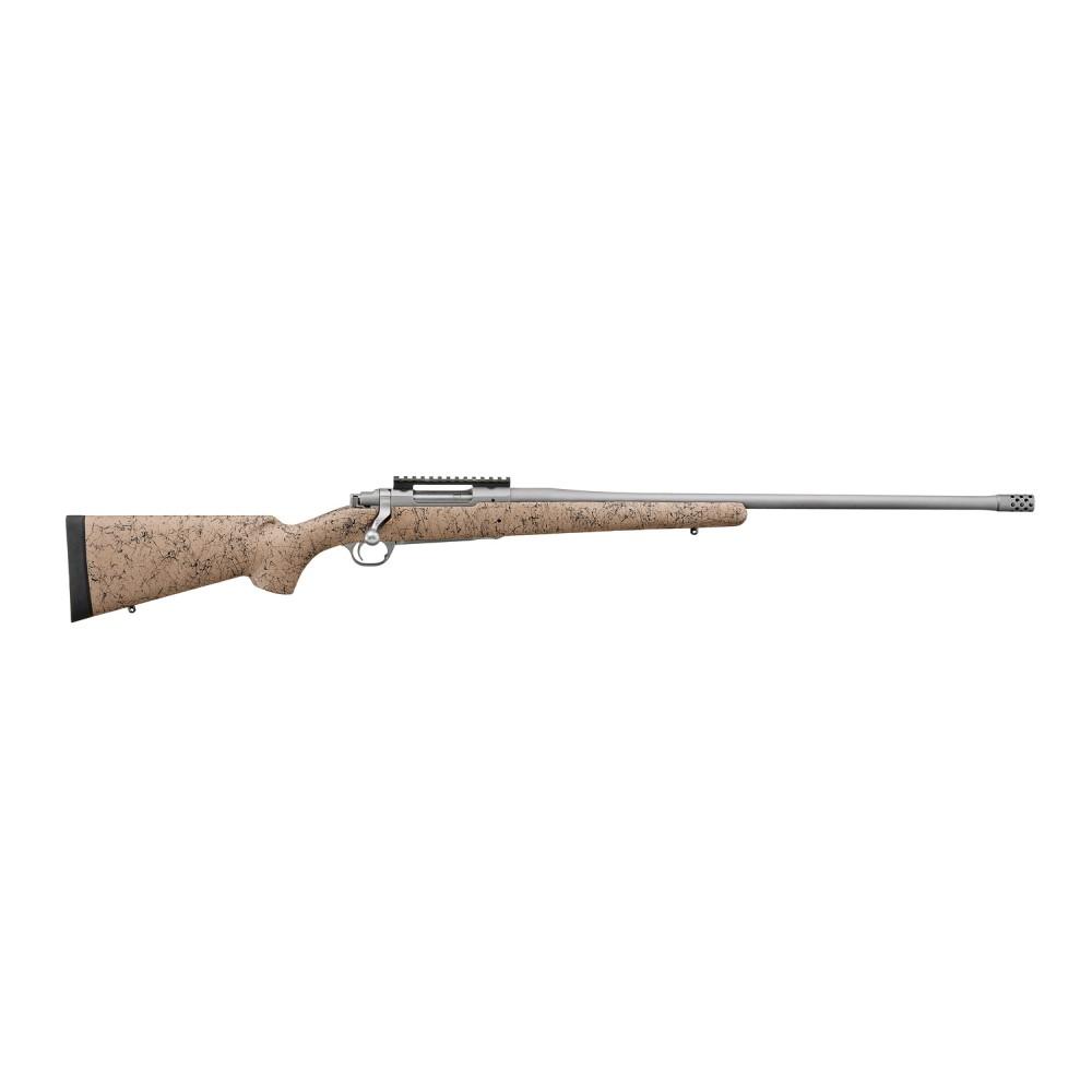 Bolt-action hunting rifle with tan stock.