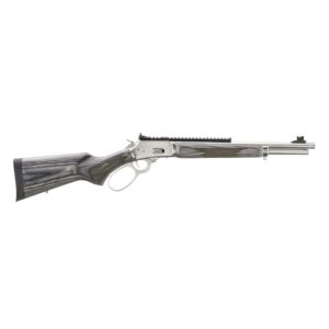 Lever-action rifle with wooden stock and silver finish