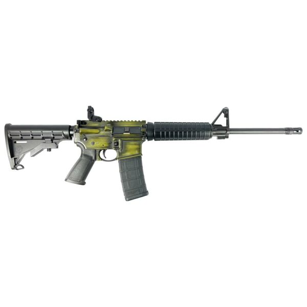 Tactical rifle with green and black design.