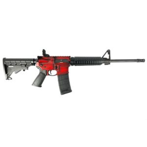 Red and black assault rifle side view.