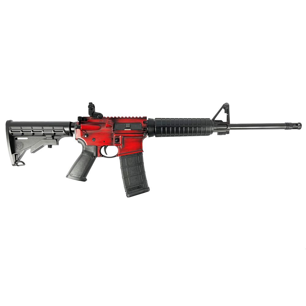 Red and black assault rifle side view.